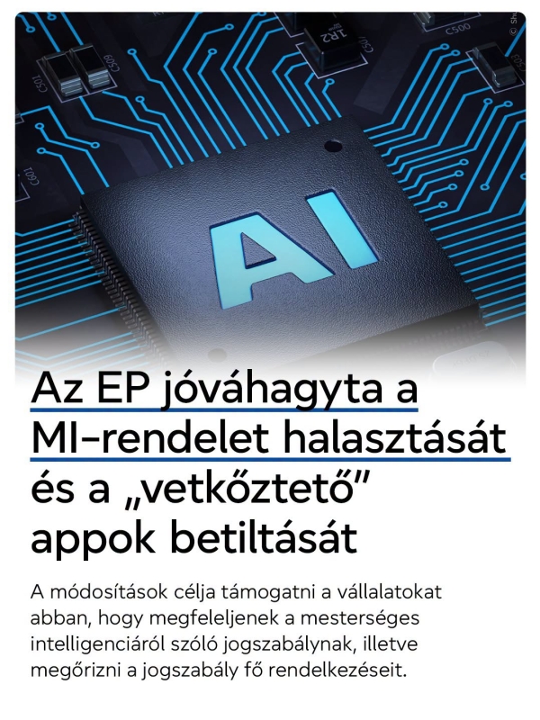 Az Európai Parlament jóváhagyta a MI-rendelet halasztását és a „vetkőztető” appok betiltását